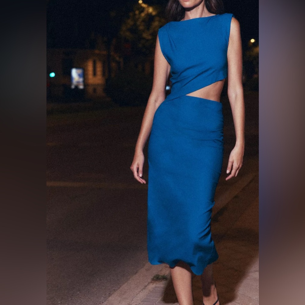 Zara Linen Elegant Blue Cutout Dress